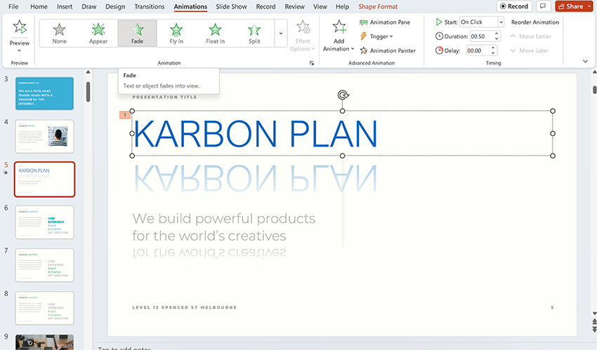 Animated text effects in PPT