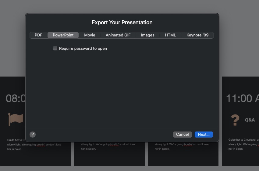 Export presentation password