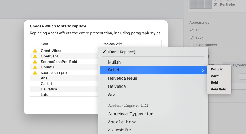 Replace fonts convert Keynote
