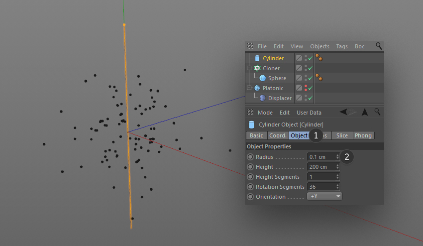 Editing the Cylinder parameters in the object options