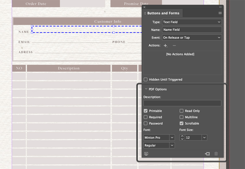 InDesign Buttons and Forms Panel