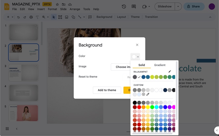 Selecting a background color for a Google Slide.