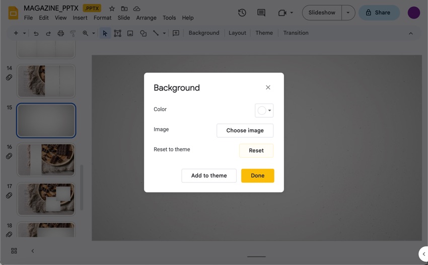 Use the Reset option to undo your changes to a slide's background.