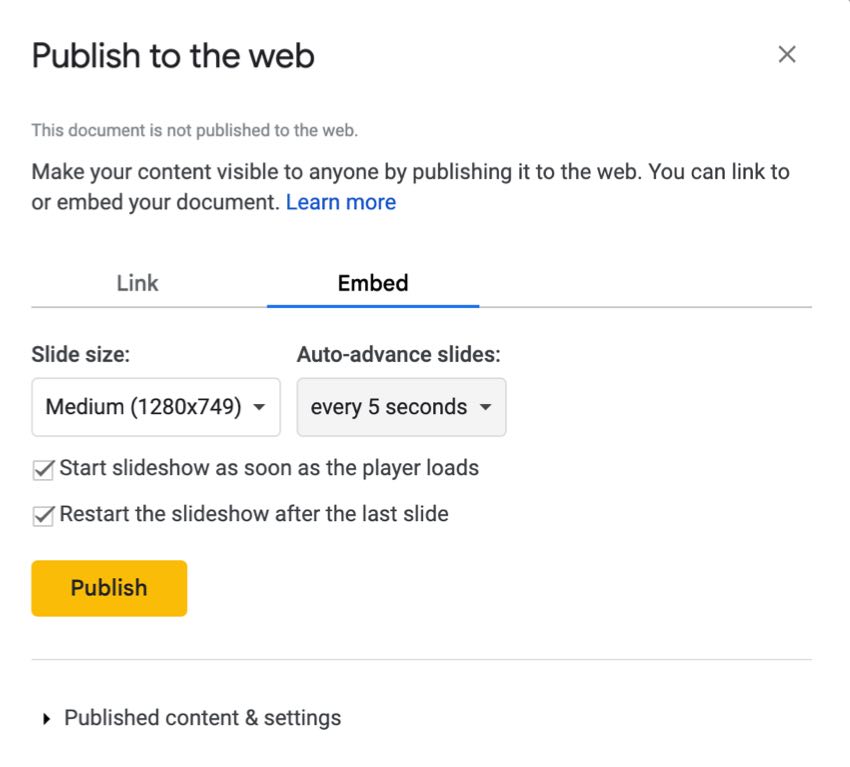 Set up auto-advance and looping in Google Slides.