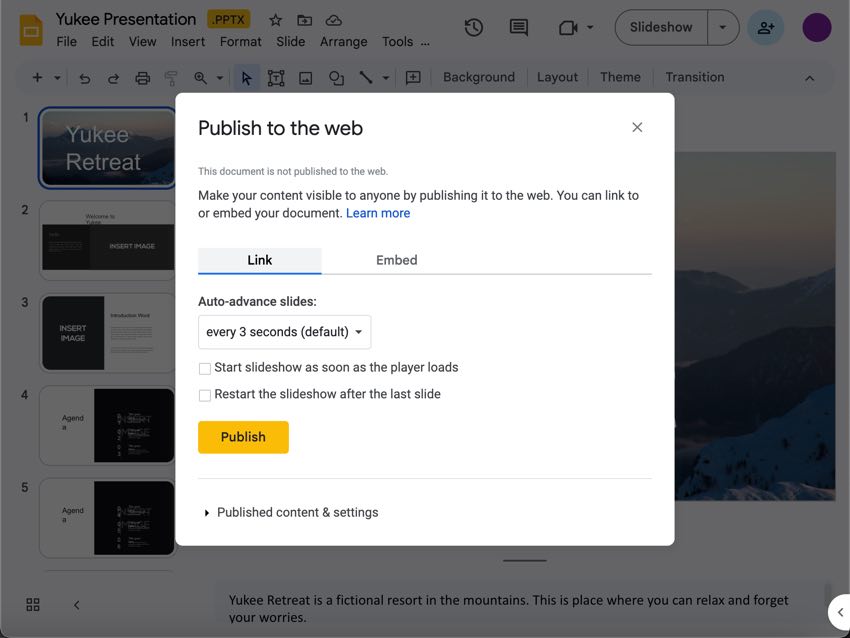 Both the Link and Embed tabs allow you to define auto-advance features and looping.