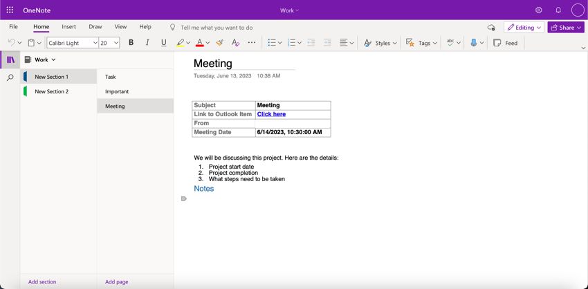 Here is what the meeting will look like in OneNote.