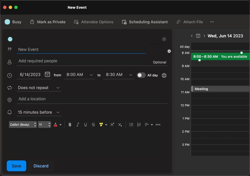 Fill out the meeting event details.