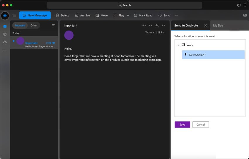 Select the notebook in OneNote that you want your email to be sent to.