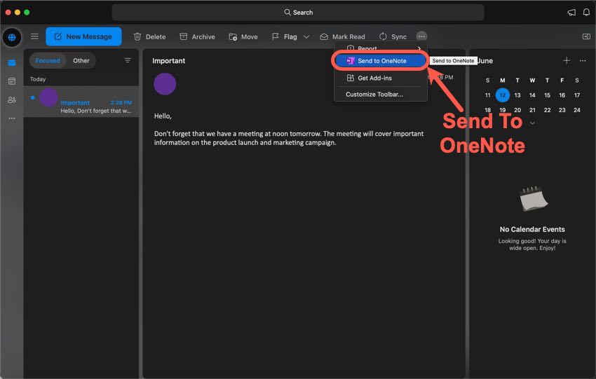 Select email to OneNote.