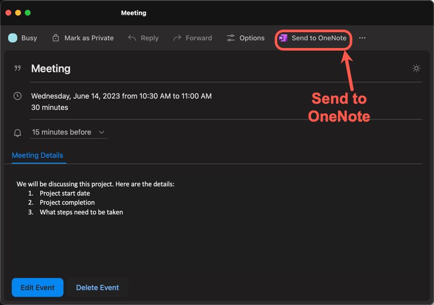 Click the Send to OneNote button to send your meeting information to OneNote.