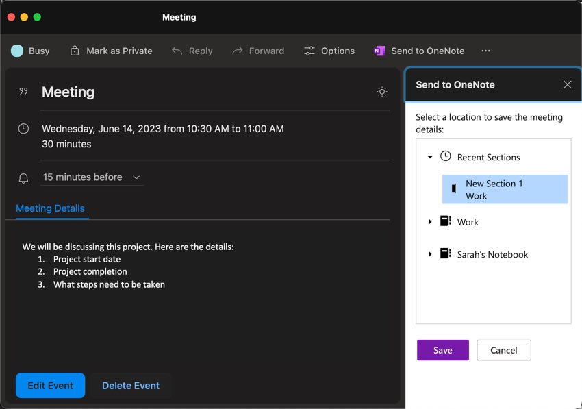 Choose the OneNote notebook that you want the meeting information in.
