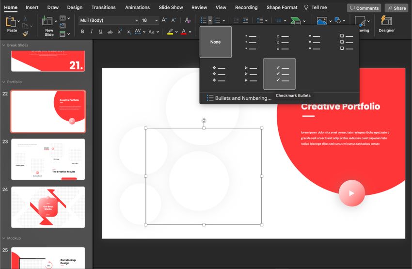 Add the checkmark bulletpoints.