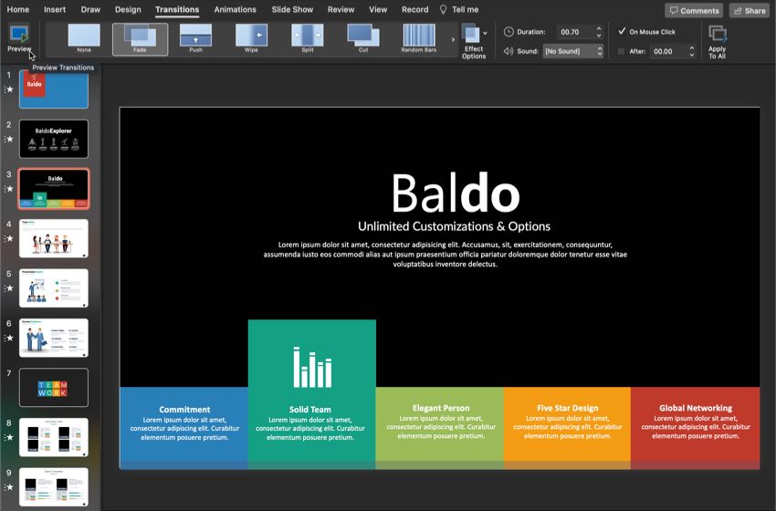 On the Transitions tab on PowerPoint's ribbon, simply click on the thumbnail for an animation to apply it to a slide, as shown in this PowerPoint design template.