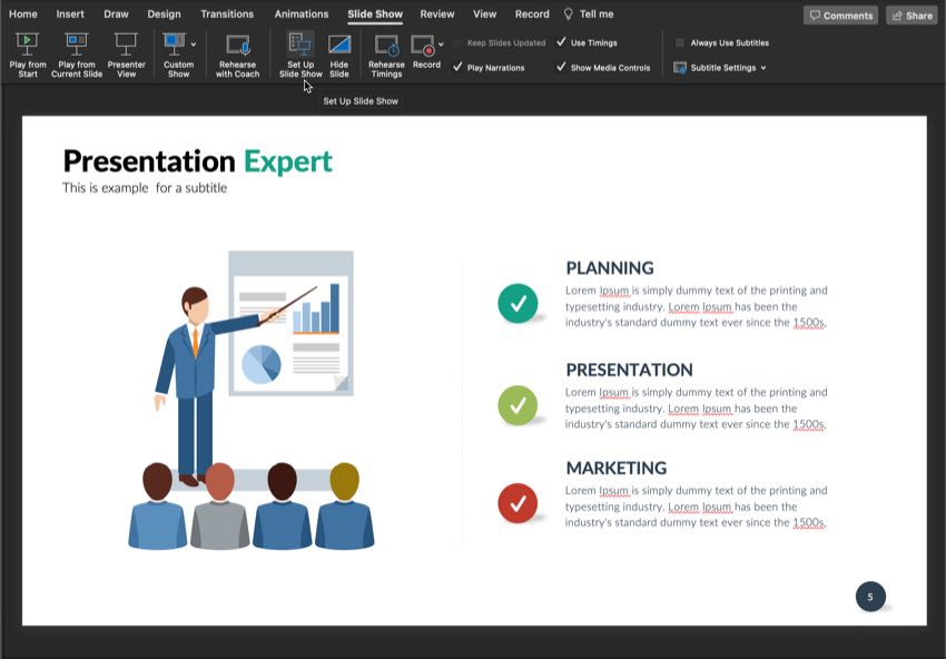 Click on the Set Up Slide Show to remove all animations.