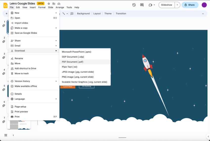 You can convert Google Slides to PDF format.