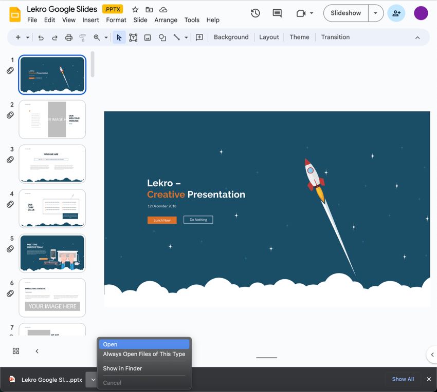 The converted Google Slides presentation file is in the lower left of your screen.