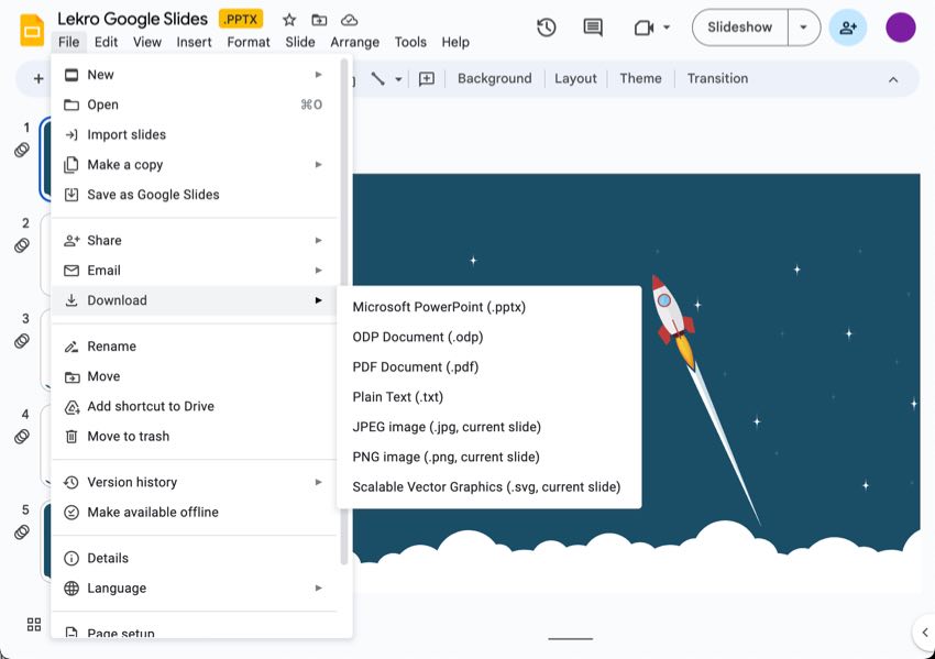 You can convert your Google Slides to PowerPoint and various other file types.
