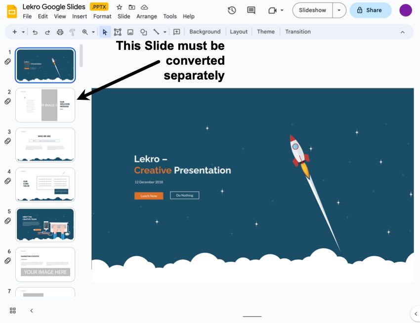 Converting Google Slides to JPEG format only converts the open slide.