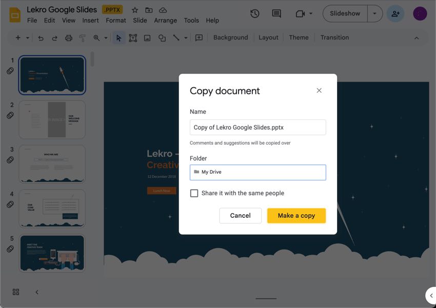 Rename the copy of your Google Slides presentation.