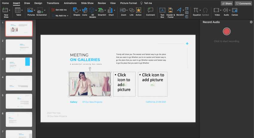 Press the record button to record audio inside your presentation and add it to the PowerPoint file.