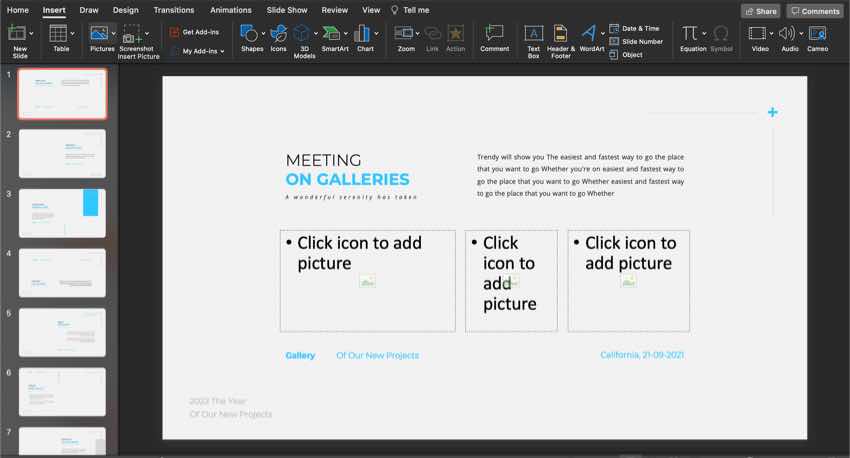 Insert an image from the Insert > Pictures menu on the PowerPoint ribbon.