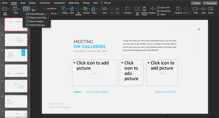 Select multiple images by holding Control on your keyboard and clicking on them before pressing Insert to add them all to a slide.