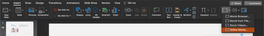 To add an online video, choose Insert > Video > Online Video to get started.