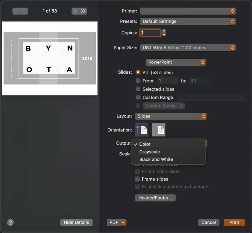 Choose your orientation and color options in the Print window.