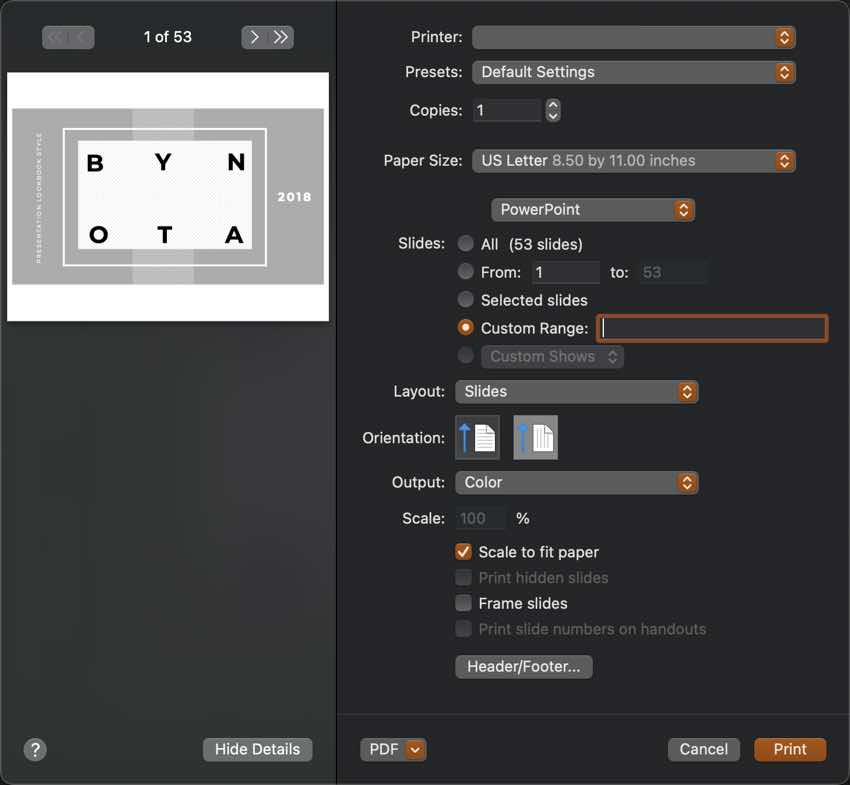 Use the Slides section to choose which slides you want to print.