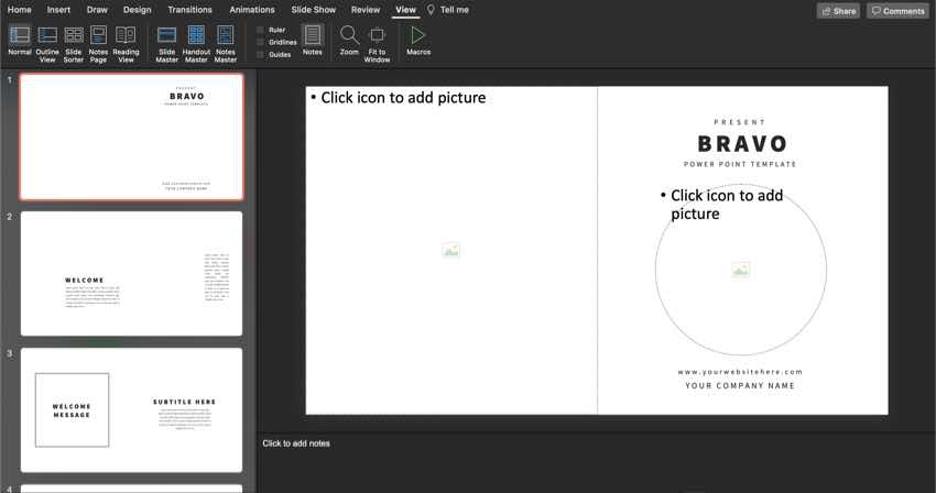 Normal view features your slides as thumbnails on the left side, and a large workspace for an individual slide in the center of the app.