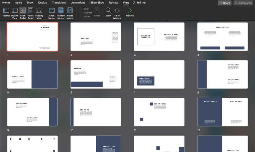 Bravo PowerPoint template, as shown in PowerPoint Slide Sorter view.