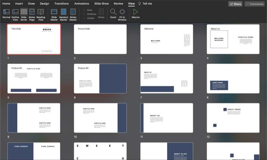 Slide sorter view puts all of your slides in an easy to view format, and you can drag and drop the thumbnails to re-sequence them.