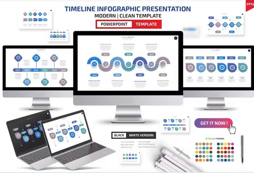 The Timeline PowerPoint Template is a premium template that features timeline infographics.