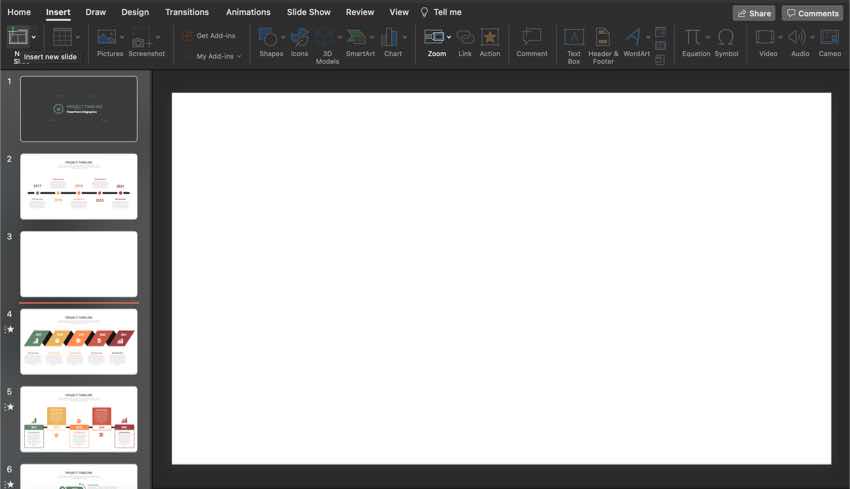 Add a blank slide to your template so that you can add a timeline to your slide.