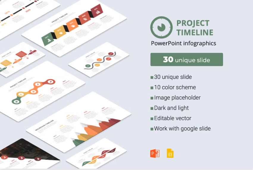 The Project Timeline PowerPoint Infographics template is a premium template from Envato Elements.
