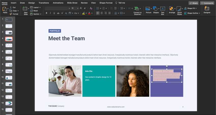 Delete the text box on slide four and add your own text.
