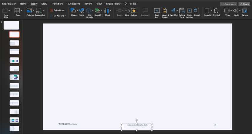 To adjust the placeholders for the presentation name and the URL, you'll need to go to View > Slide Master and type over the placeholder boxes