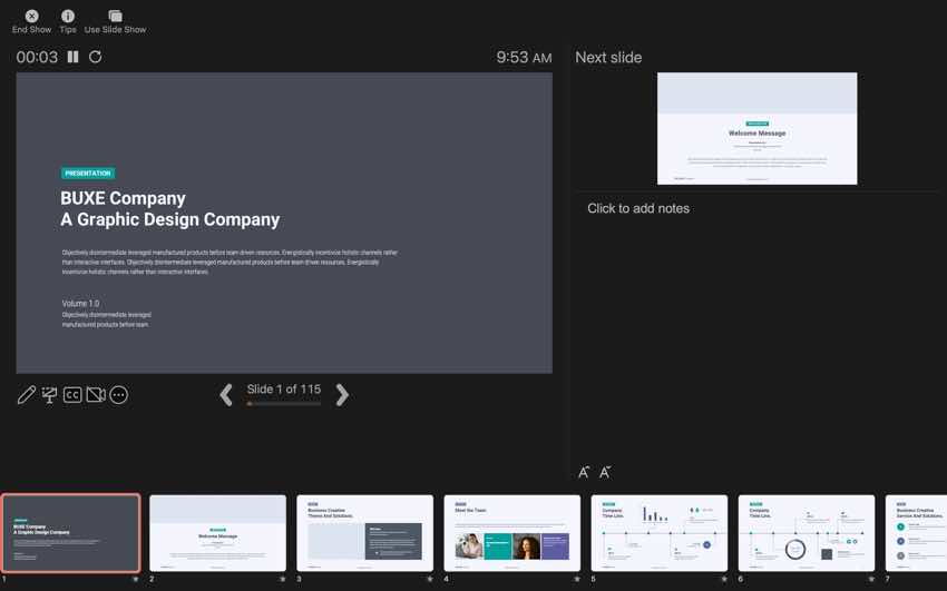 The Presenter View in PowerPoint keeps everything in view on your own screen when you're speaking in front of an audience, such as speaker notes and a preview of the next slide.