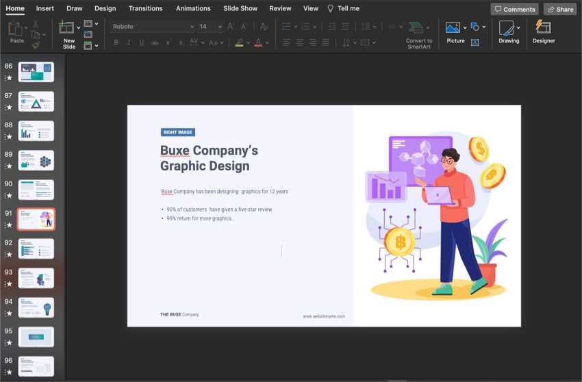 Slide 91 has a text box and image placeholder to showcase a specific favorite project.