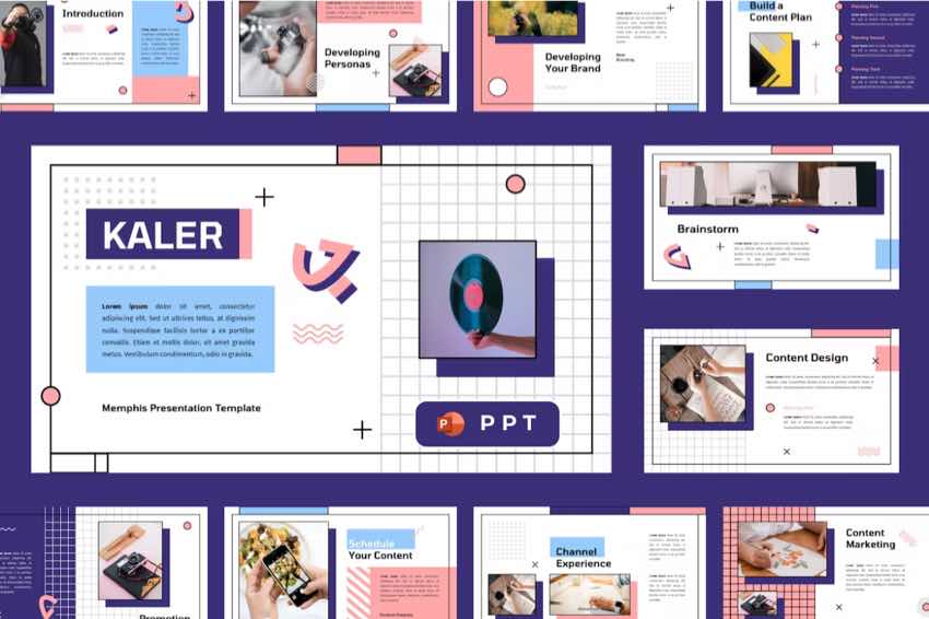 This memphis style template combines pastels, retro, and abstract shapes for a whimsical PowerPoint template.