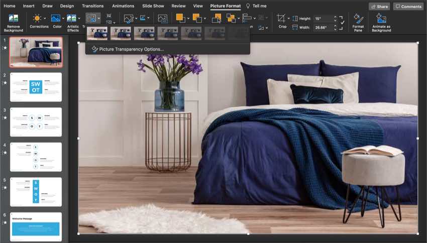You can easily change the transparency of an image to increase the legibility of text which appears on top of the image.