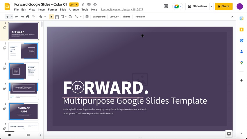 Google Slides interface is like that of desktop presentation applications.