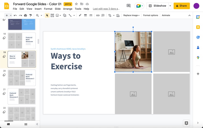 Images may be easily resized using the anchors alongside the photo.