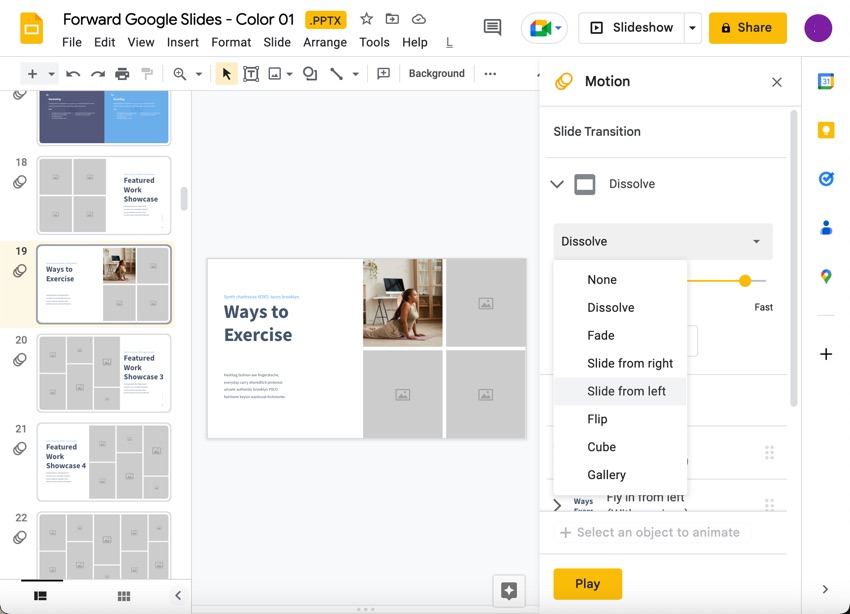There are seven transition options available