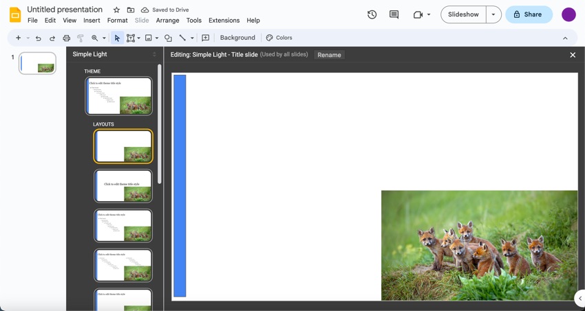 Modifying a blank master layout in Google Slides. (Image Source: Envato Elements)