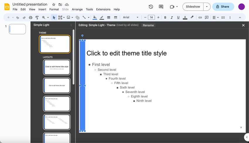 The master slides tool opens. This illustration includes the vertical bar I added earlier.