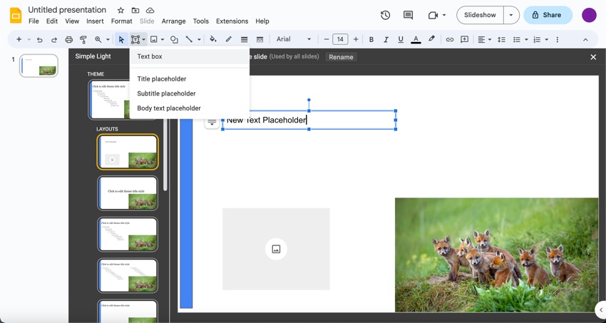 Add a text placeholder to the right of your master layout. The space on the left is for an image. (Image Source: Envato Elements)