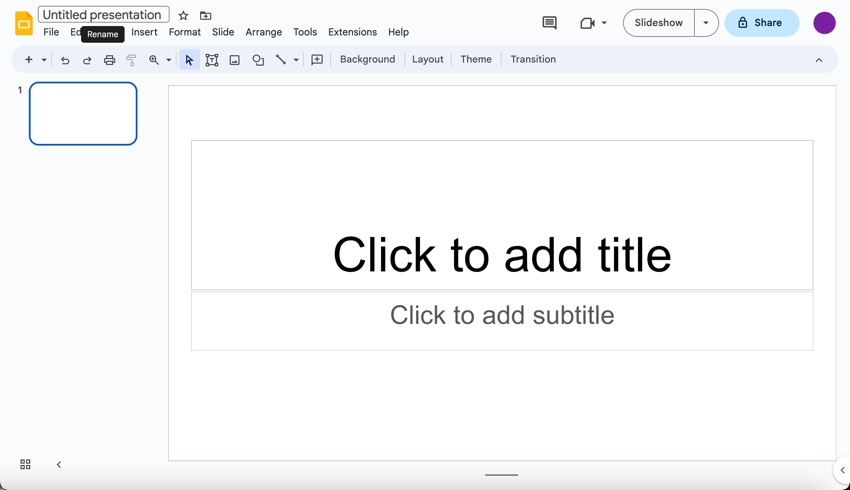 Use a new blank presentation to create your Google Slides template.
