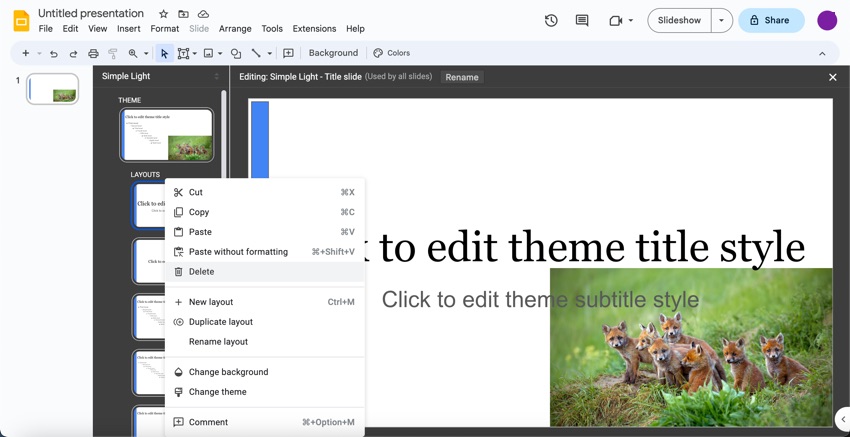 Remove any master layouts you don't want in your Google Slide template.