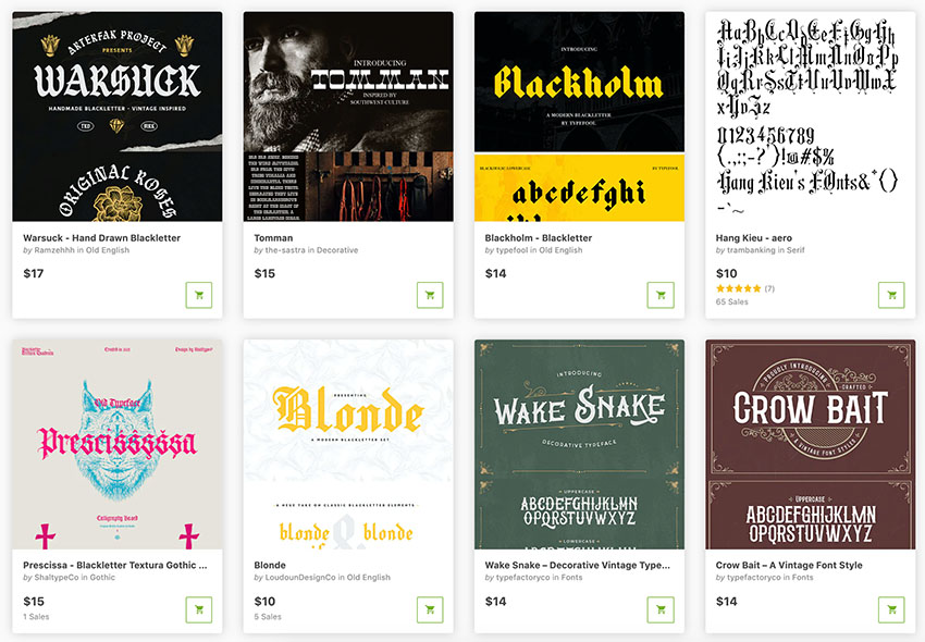 Visit GraphicRiver to buy Old English fonts one at a time.
